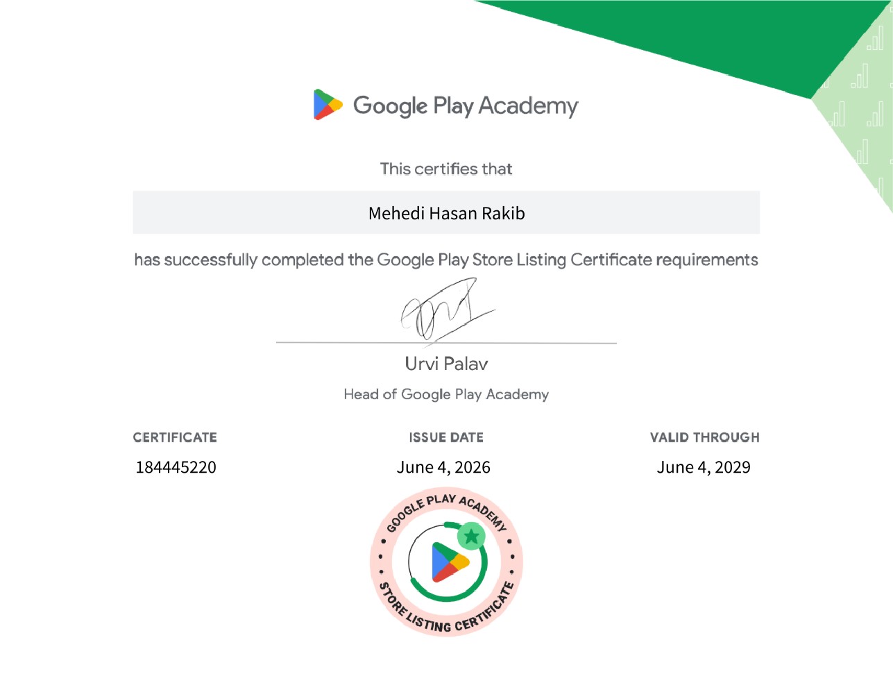 Google Play Store Listing certificate issued by Google Play Academy