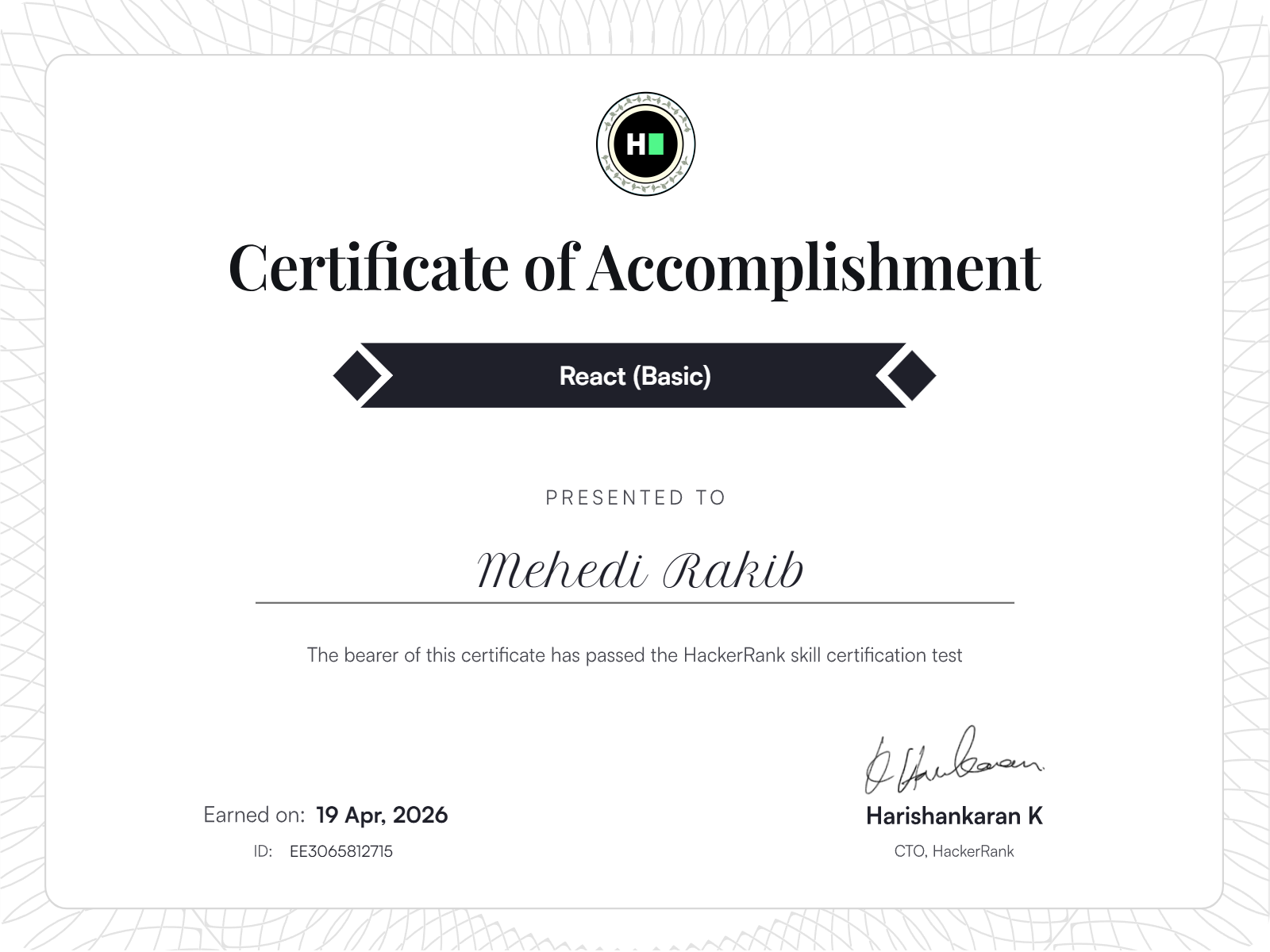 React (Basic) certificate issued by HackerRank